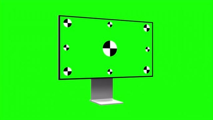 绿屏电脑样机。3D动画。屏幕上有跟踪标记。