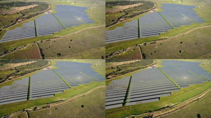 太阳能农场的空中俯视图，带有用于产生可再生电力的阳光电池。西班牙和欧洲的节能和替代电源概念