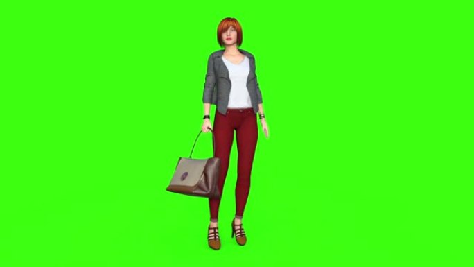女人站着提包，动画，绿屏