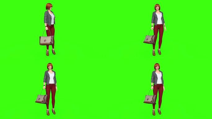 女人站着提包，动画，绿屏