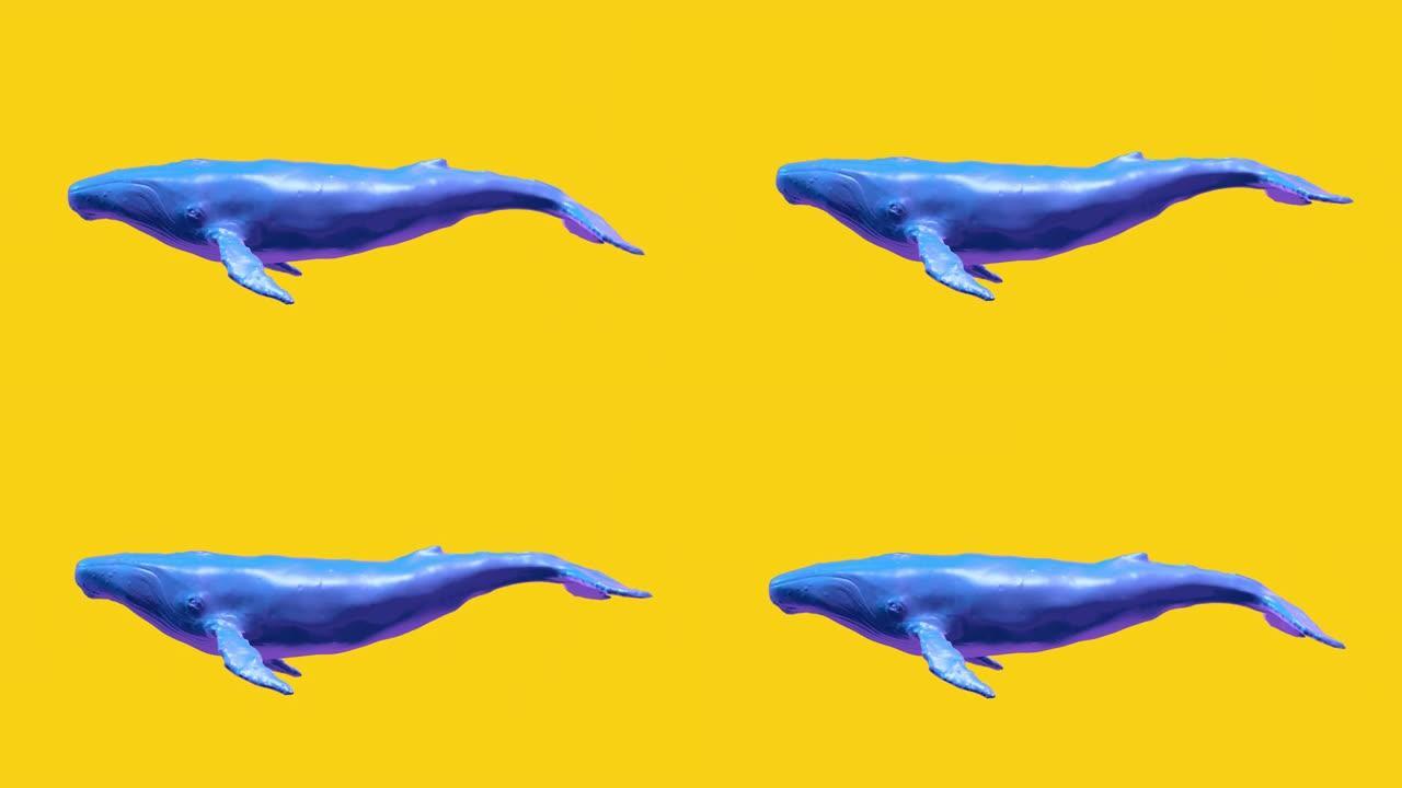 游泳蓝鲸。抽象波普艺术概念。创意现代运动风格的现实3d角色动物。最小的图形彩色迷幻设计。时尚明亮的动