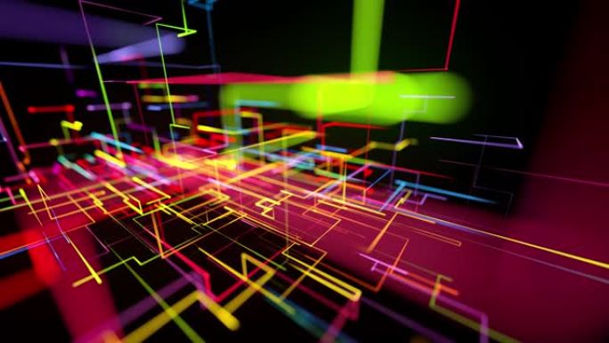 科幻循环背景，抽象全息图。多色霓虹灯辉光线形成数字3d空间。连接概念，神经网络或AI，各种分支的多次