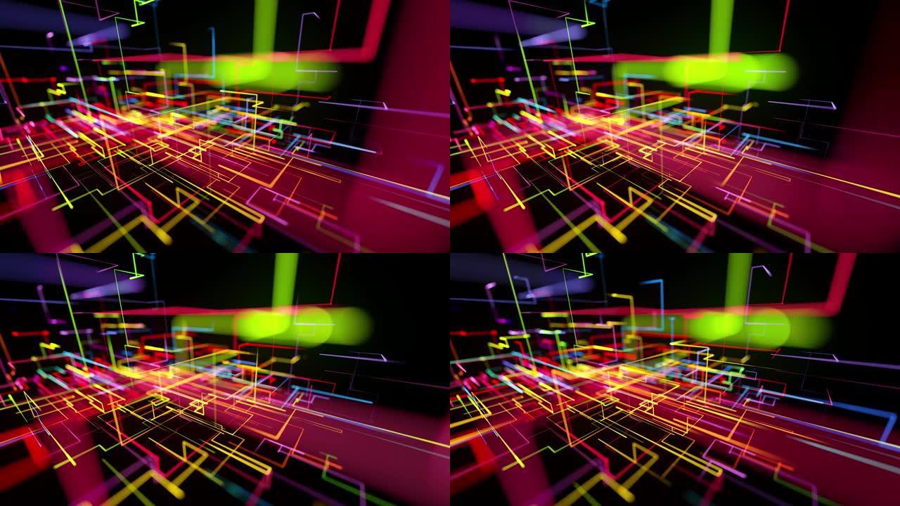 科幻循环背景，抽象全息图。多色霓虹灯辉光线形成数字3d空间。连接概念，神经网络或AI，各种分支的多次