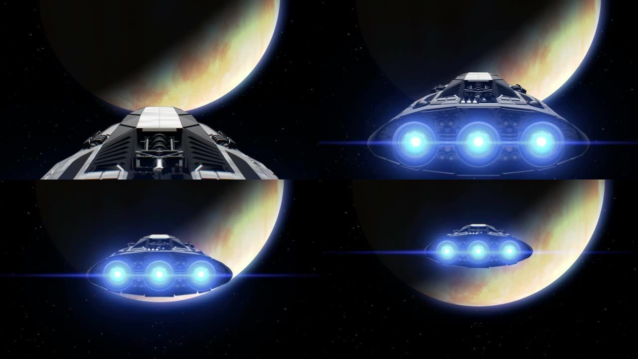 目的地金星。巨型飞船飞向星球，引擎闪烁，3d动画。行星的纹理是在图形编辑器中创建的，没有照片和其他图