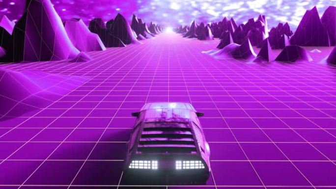 Retrowave 80年代风格的科幻汽车背景。无缝循环3D视频动画