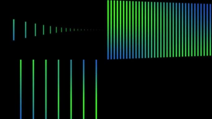 垂直发光霓虹蓝绿线条动画。摘要荧光背景。4K