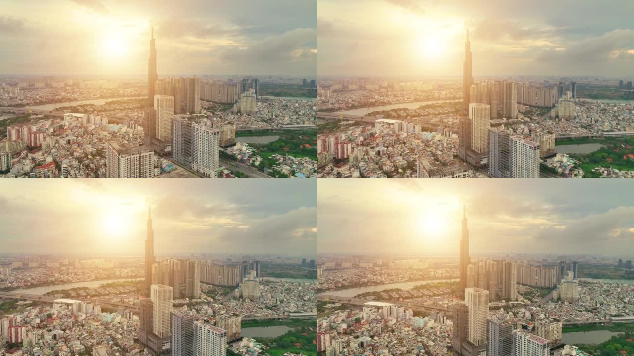胡志明市中心心脏商业中心的胡志明市天际线和地标性81摩天大楼的鸟瞰图。