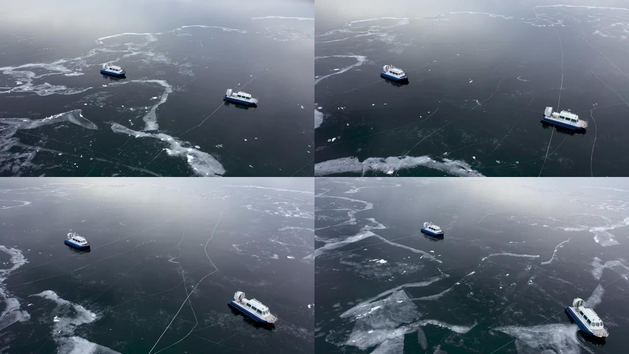 贝加尔湖。冷冻浮冰。冰丘。奥尔洪岛。布里亚特
