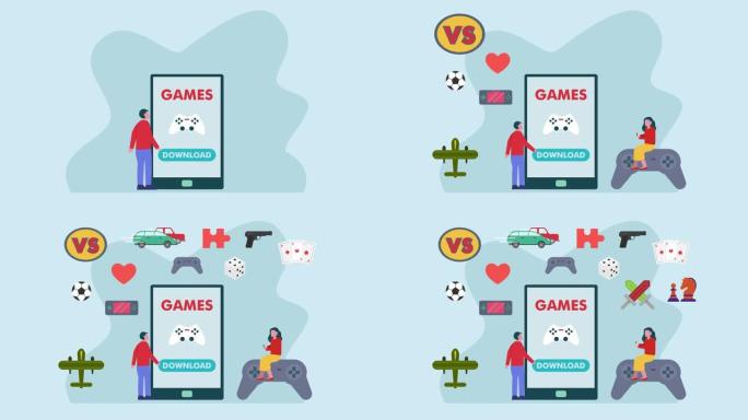 两个人在智能手机上下载游戏应用程序