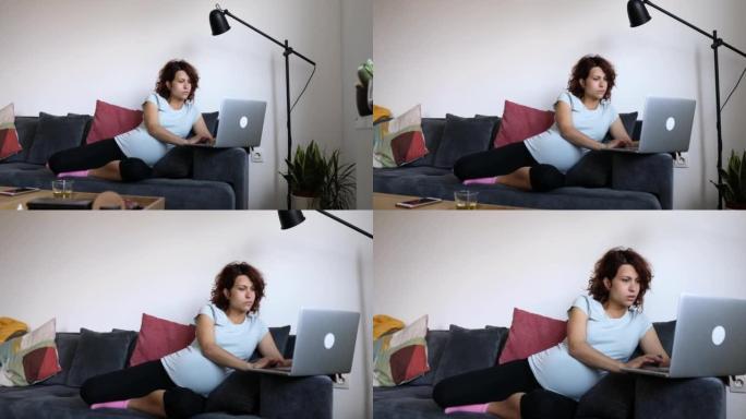 一位专注的孕妇在舒适的公寓里度过怀孕的日子，在家工作