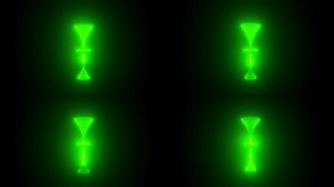 图形图像的霓虹灯绿色照明，圆圈压出中心，外太空中的绿色中子星，空白黑色背景上有耀斑