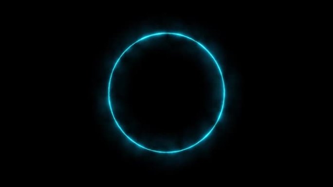 蓝色的闪电环，黑色背景上的能量。带雷电放电的抽象能量圈。渐渐地，出现了一个蓝色的环，并在圆圈中不断发