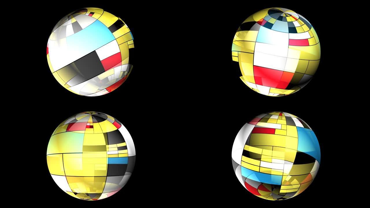 旋转球体上的彩色矩形蒙德里安风格