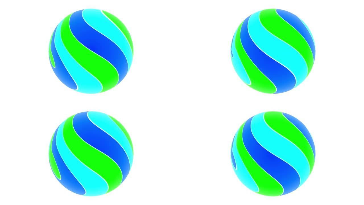 抽象的彩色球体在白色上移动。条纹颜色抽象球体旋转隔离在白色。