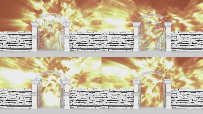 天堂之门在闪亮的背景上打开，3D动画