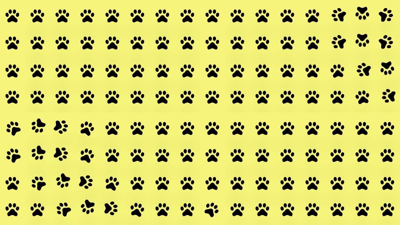 黄色背景上的猫爪子的彩色图案。猫爪无缝图案。顶视图。狗，猫足迹背景。4k视频运动
