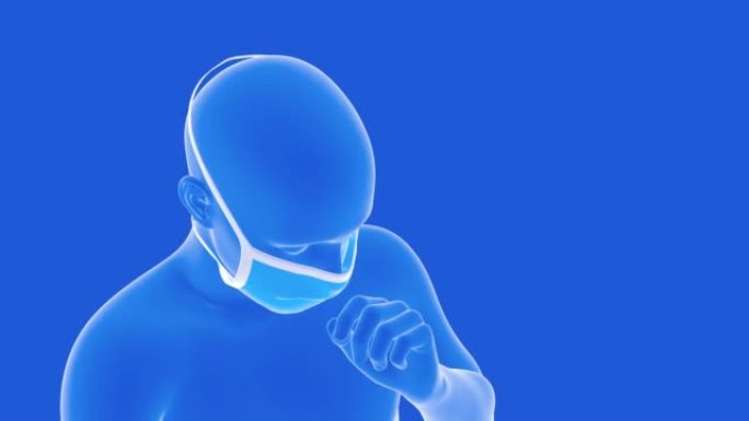 男子咳嗽的3d动画。戴上口罩以避免传染。