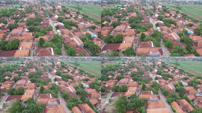 从上方鸟瞰印度尼西亚村屋，并欣赏无人机的景色，一条穿过村庄的道路以及旁边广阔的稻田