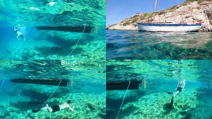 希腊扎金索斯州男子享受暑假和水下游泳的4k视频