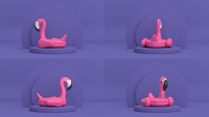 4k分辨率视频: 夏季游泳池可充气橡胶粉色火烈鸟玩具旋转紫色非常Peri圆柱体产品舞台基座紫色非常P