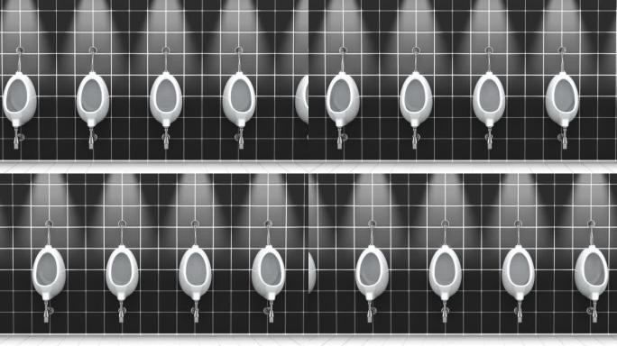 公共浴室里的小便池。3D动画，无缝循环。