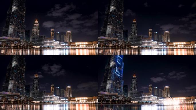 迪拜夜间哈利法塔喷泉的延时。