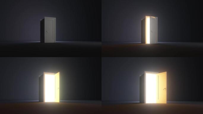 空旷的黑暗房间里的开门和金光发光效果。