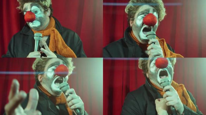 小丑在相机上的麦克风中唱歌