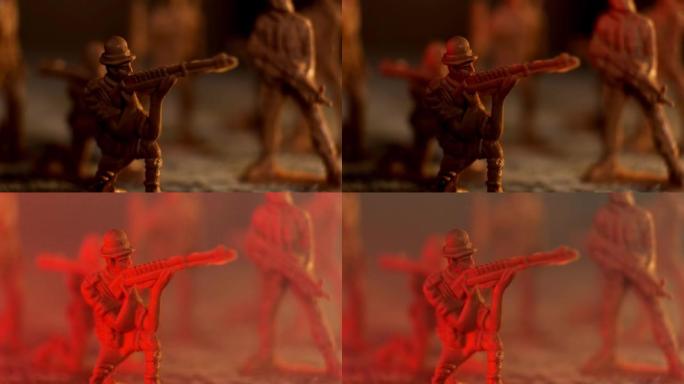 一个玩具塑料士兵拿着枪，在闪烁的红灯下坐在假想的战场上瞄准目标。战争和政治游戏的概念
