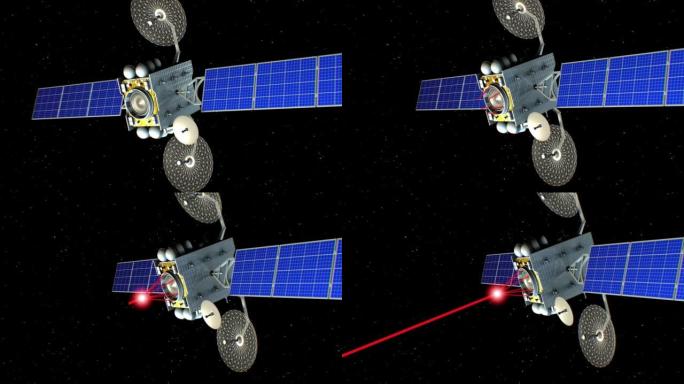 太空激光武器。背景上的星星，虚构的军事卫星在行星轨道上从科幻枪拍摄，3d动画。