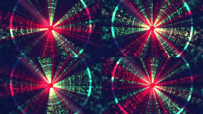 飞过未来主义的隧道。抽象3D动画。数据网络、虚拟现实、量子。照明走廊的概念，室内设计，宇宙飞船，银河