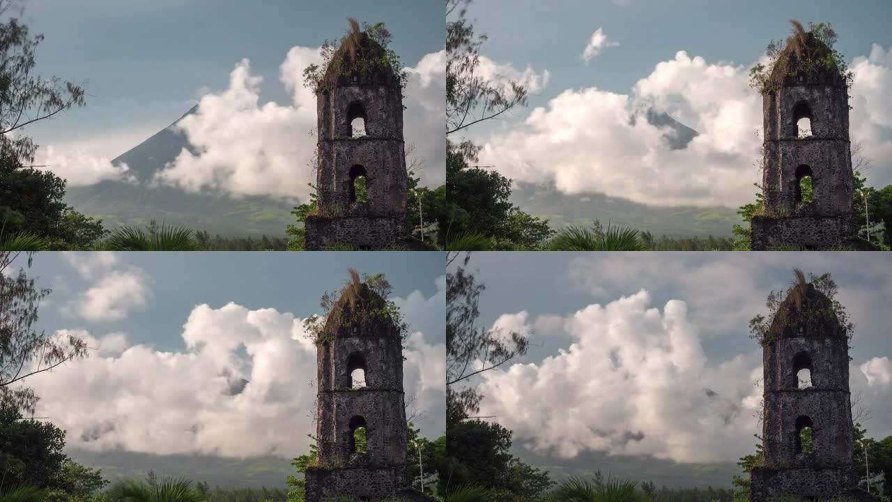 菲律宾阿尔拜黎牙实比市附近的马荣山火山和历史地标卡格萨瓦遗址的延时景观