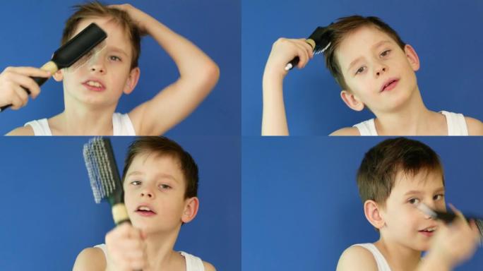 肖像高加索男孩8岁的早晨在镜子前梳头，唱歌并举起梳子。普通人的日常生活。一个男生梳头，上学