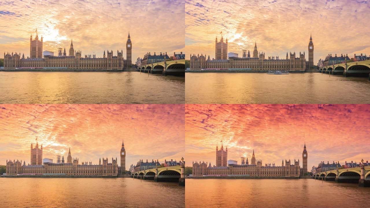英国伦敦著名的大本钟钟塔上的日落。