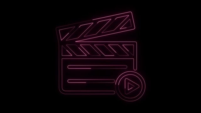 发光霓虹灯线电影拍板图标孤立在黑色背景上。电影拍板。电影制作或媒体行业。
