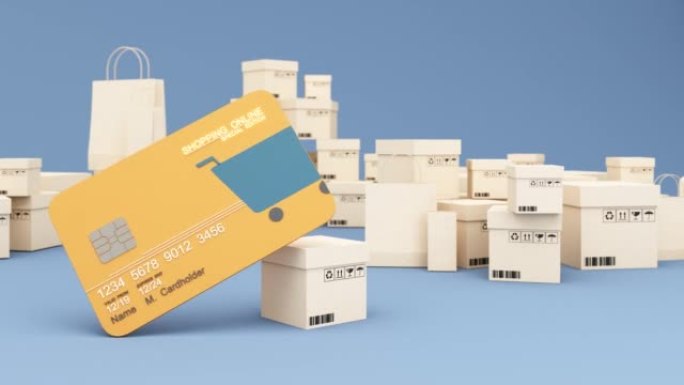 网上购物的概念与购物袋，纸板箱，盒子，购物模板上的在线设计模拟黄色银行信用卡隔离在蓝色背景上的3d渲