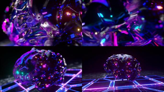 未来主义概念。玻璃大脑从透明的外壳中出现。蓝色粉色霓虹灯。3d动画