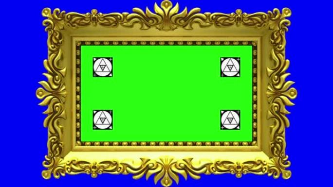 金色相框在蓝色背景上旋转，色键，无缝循环。带有运动跟踪标记和绿屏的3d动画。包括阿尔法哑光。