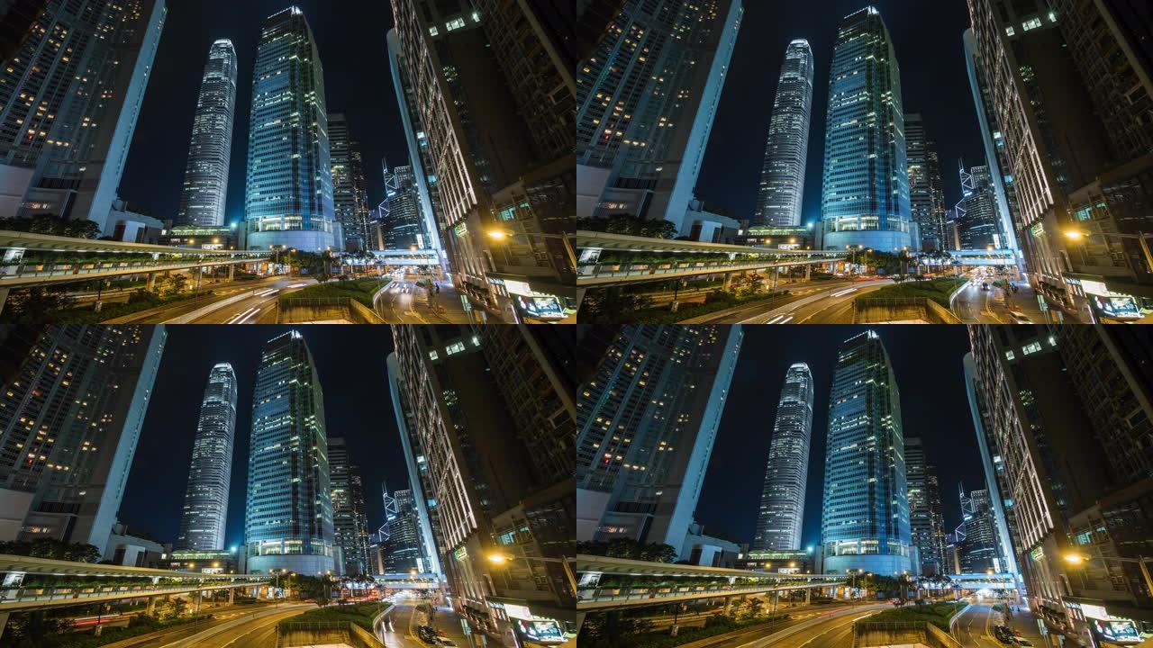 中国香港金融区现代办公楼和夜间交通的延时视图