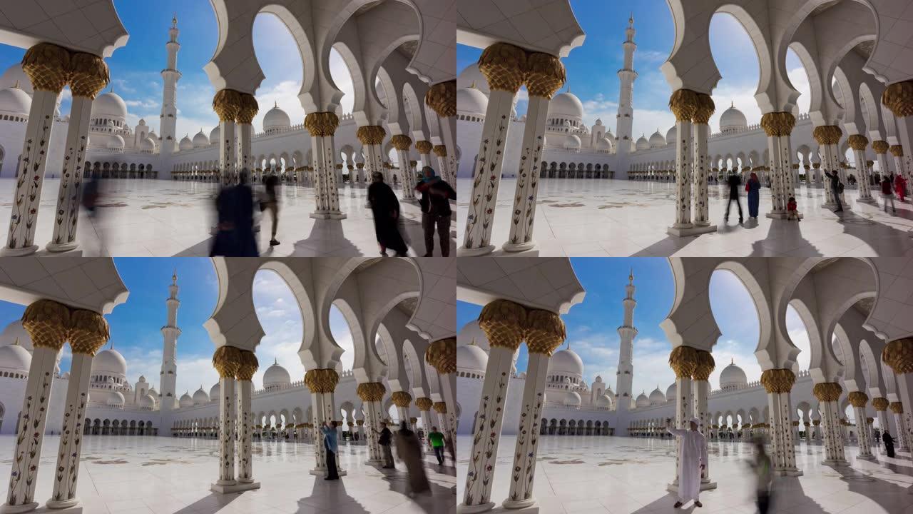 阿布扎比太阳灯大清真寺大厅全景4k延时阿联酋