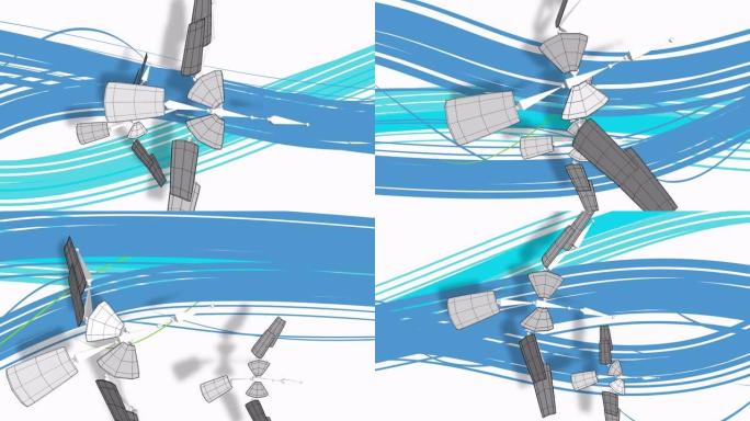 3d动画，两只鸟机器人或机器人在蓝色线条和曲线上方飞行