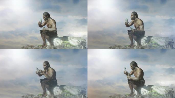 古代原始穴居人与石头渲染3d