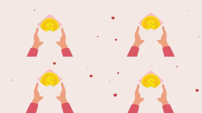 女人的手拿着装着一美元硬币的信封