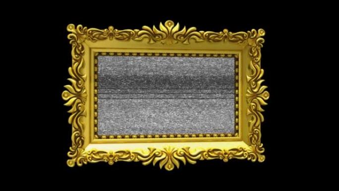 豪华金色相框在黑色背景上旋转。介绍电视噪音和绿屏，3d动画。