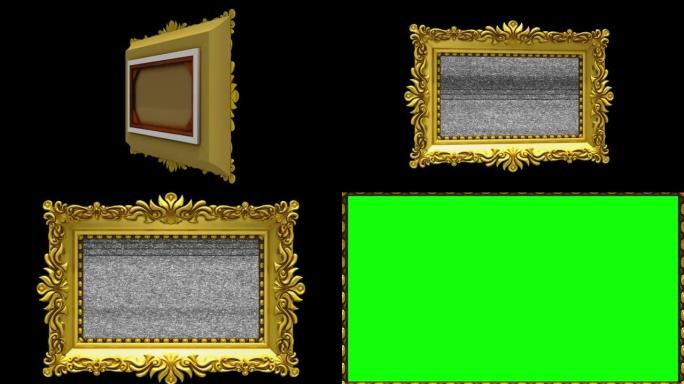 豪华金色相框在黑色背景上旋转。介绍电视噪音和绿屏，3d动画。