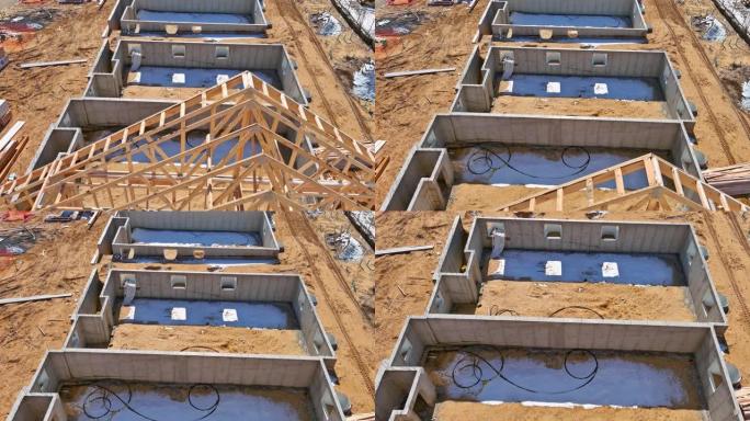 鸟瞰图木架梁框架房屋棒架房屋正在建设中的房屋新建木桁架