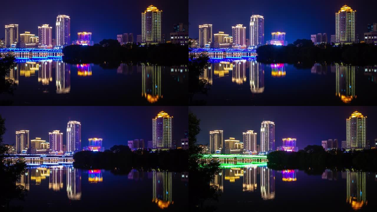三亚市夜间照明滨河湾反射全景4k延时海南岛中国