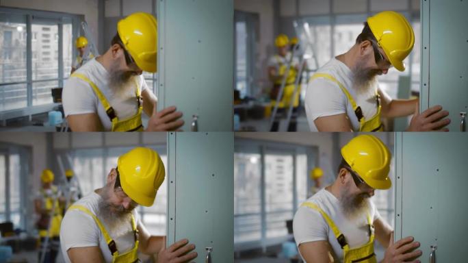 疲倦的建筑工人整体呈黄色，安全帽站立并靠在墙上