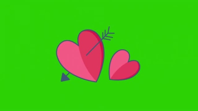 绿色背景上的两个粉红色心的4k视频，带有箭头。