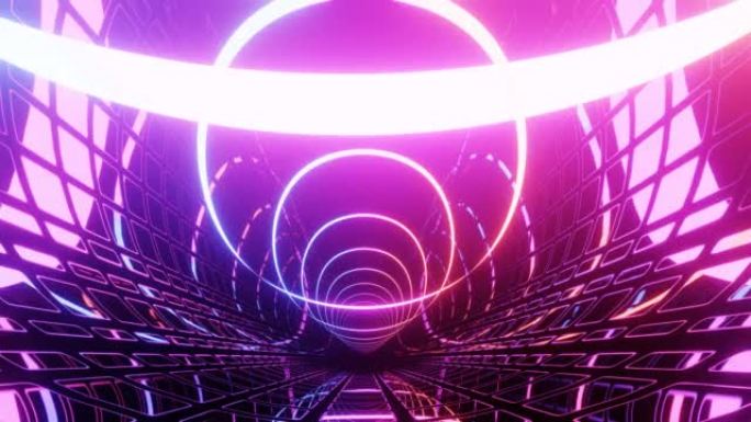 高科技霓虹灯科幻tunel。时尚的霓虹灯辉光线在镜面隧道中形成图案和结构。带发光框架的科幻图案。飞越